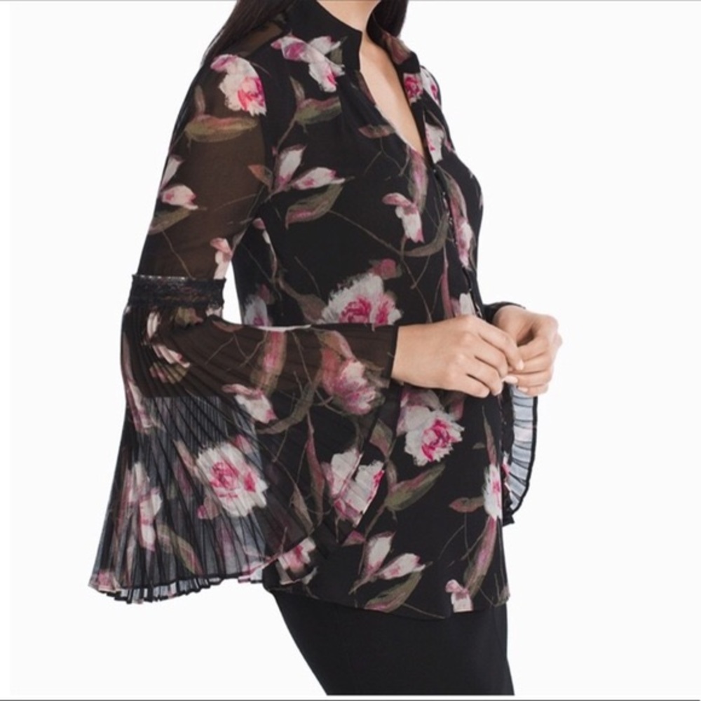 WHBM Black Floral Pleated Bell Sleeve Blouse 4